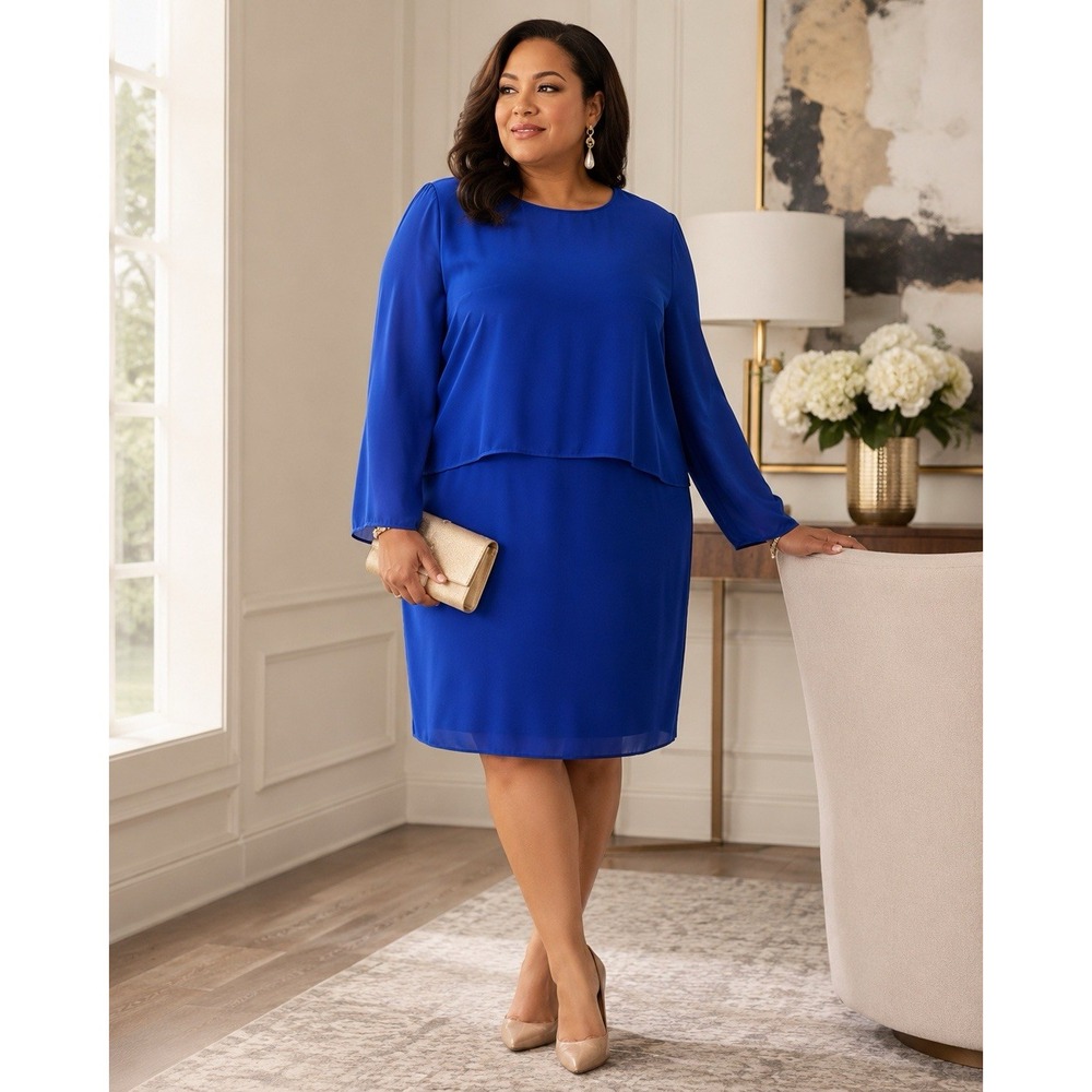 100% Silk Royal Blue‎ Shift Dress Plus Size 20 Long Sleeve Layered Cocktail